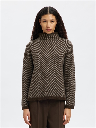 Selected Femme SlfLulu LS Herringbone Knit High Neck Brown